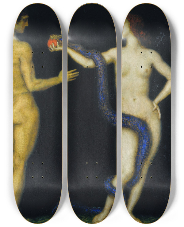 Triptych art skateboard deck of Franz Von Stuck Adam And Eve by Franz Von Stuck (1863-1928)