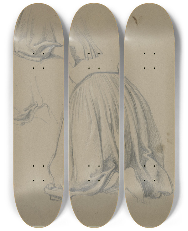 Triptych art skateboard deck of Jakob Becker Studienblatt Kniende Weibliche Gewandfigur 2 by Jakob Becker (1810-1872)
