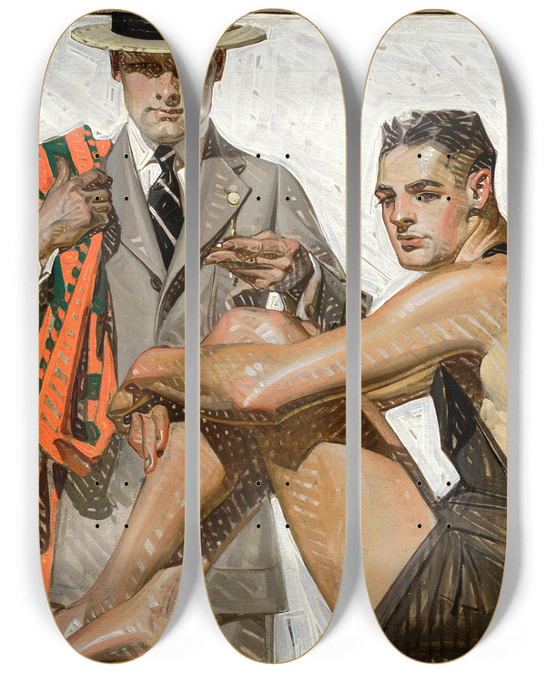 Triptych art skateboard deck of Jc Leyendecker Record Time Cool Summer Comfort House Of Kuppenheimer Ad by J.C. Leyendecker (1874-1951)