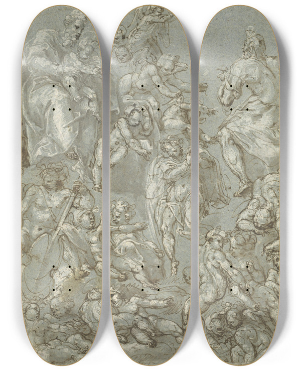 Triptych art skateboard deck of Cesare Pollini Saint Joseph And The Christ Child With Angels And Putti by Cesare Pollini (1560-1630)