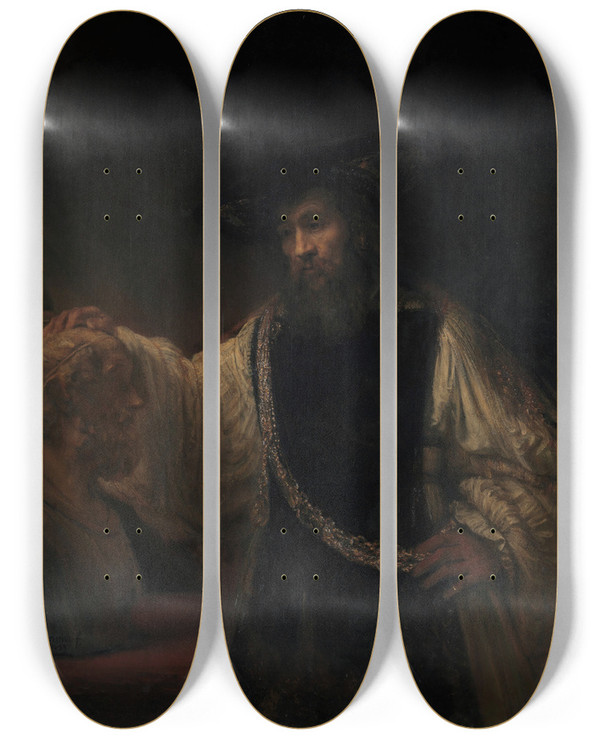Triptych art skateboard deck of Rembrandt Van Rijn Aristotle With A Bust Of Homer by Rembrandt Van Rijn (1606-1669)