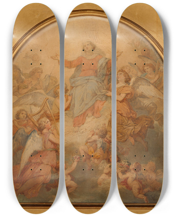 Triptych art skateboard deck of Nicolas Louis Franois Gosse La Vierge Triomphante by Nicolas Louis Francois Gosse (1787-1878)