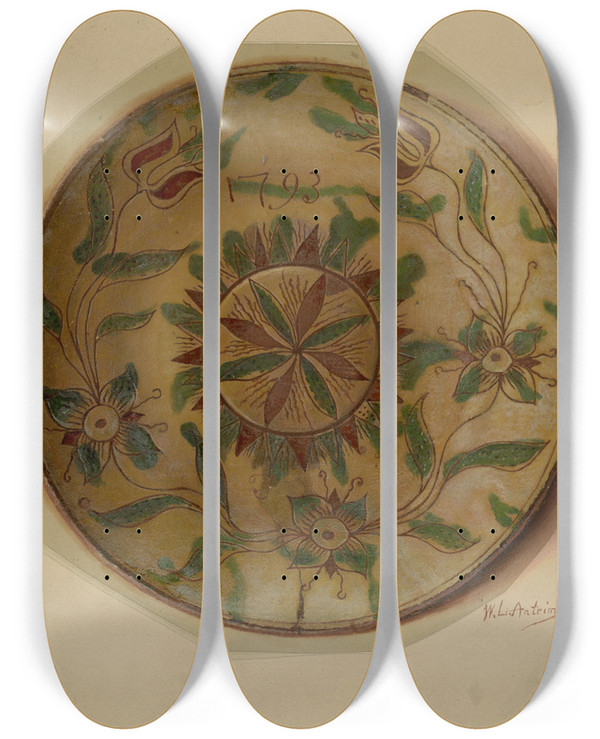 Triptych art skateboard deck of William L Antrim Pa German Dish_2 by William L Antrim