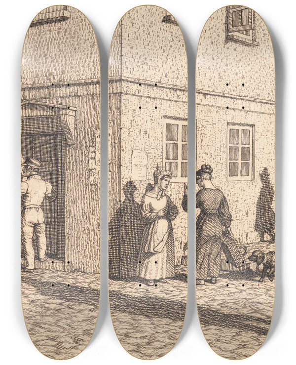 Triptych art skateboard deck of Christoffer Wilhelm Eckersberg Et Gadehjrne Illustration Til Linearperspectiven Tavle Vii by Christoffer Wilhelm Eckersberg (1783-1853)
