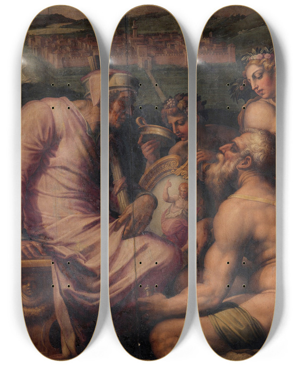 Triptych art skateboard deck of Giorgio Vasari Allegory Of San Giovanni Valdarno by Giorgio Vasari (1511-1574)