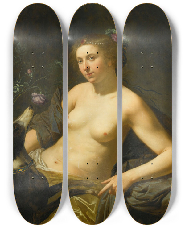 Triptych art skateboard deck of Jan Van Bijlert An Allegory Of The Sense Of Smell by Jan Van Bijlert (1597-1671)