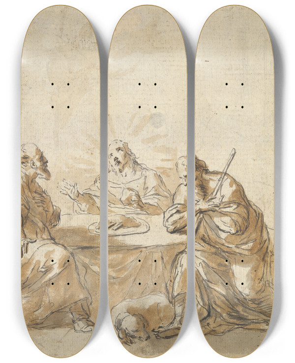 Triptych art skateboard deck of Leonaert Bramer Supper Atemmaus by Leonaert Bramer (1596-1674)