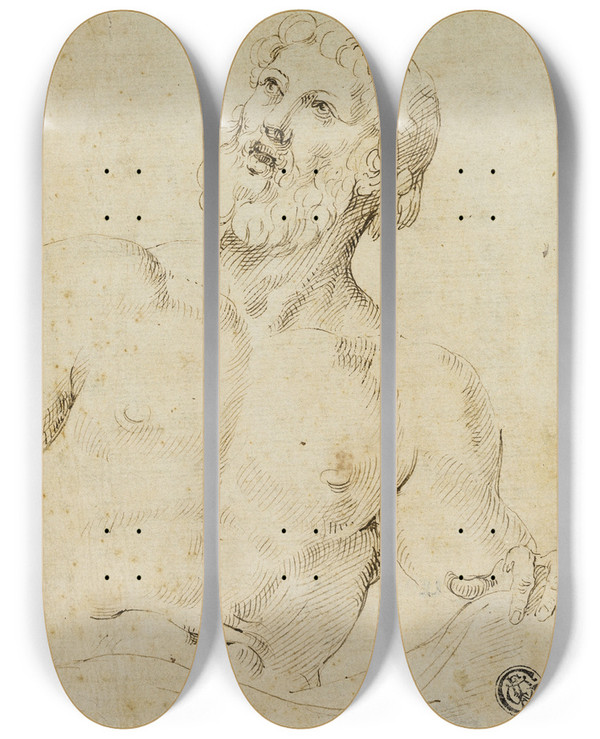 Triptych art skateboard deck of After Battista Franco Halflength Sketch Of Bearded Man by After Battista Franco (1510-1561)