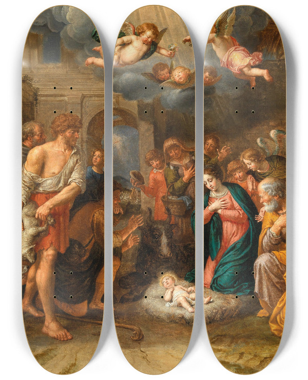 Triptych art skateboard deck of Pieter Van Lint The Adoration Of The Shepherds by Pieter Van Lint (1609-1690)