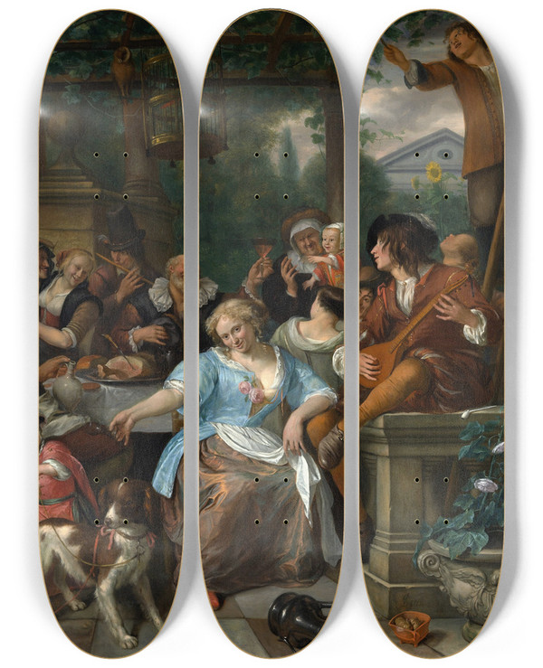 Triptych art skateboard deck of Jan Steen Merry Company On A Terrace by Jan Steen (1626-1679)