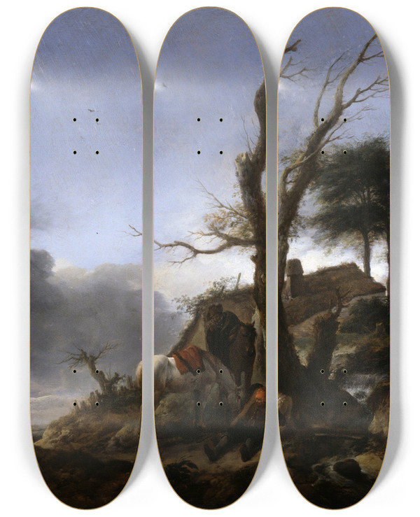 Triptych art skateboard deck of Philips Wouwerman Halt Of Travellers by Philips Wouwerman (1619-1668)