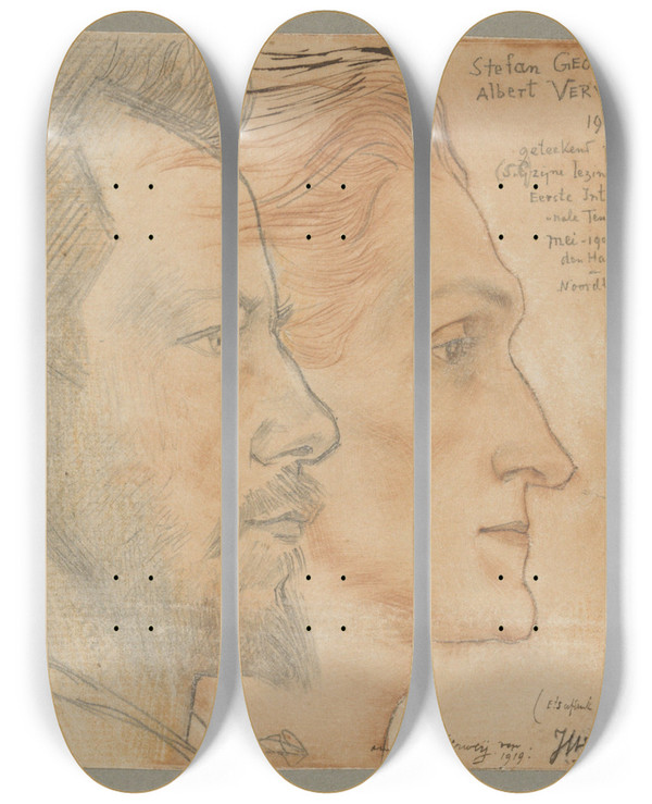 Triptych art skateboard deck of Jan Toorop Portraits Of Albert Verwey And Stefan George by Jan Toorop (1858-1928)