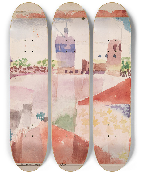 Triptych art skateboard deck of Paul Klee Hammamet With Its Mosque by Paul Klee (1879-1940)