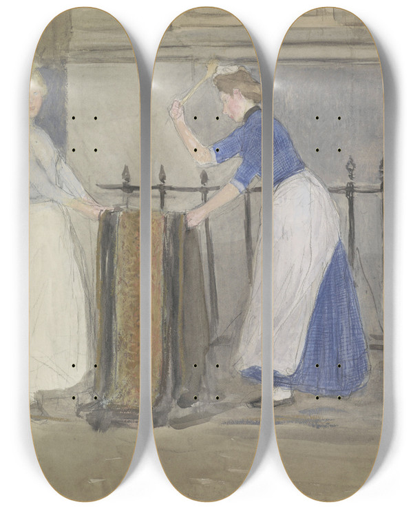 Triptych art skateboard deck of Johan Antonie De Jonge Twee Dienstmeisjes Die Een Mat Uitkloppen Voor Een Stadshuis by Johan Antonie De Jonge (1864-1927)