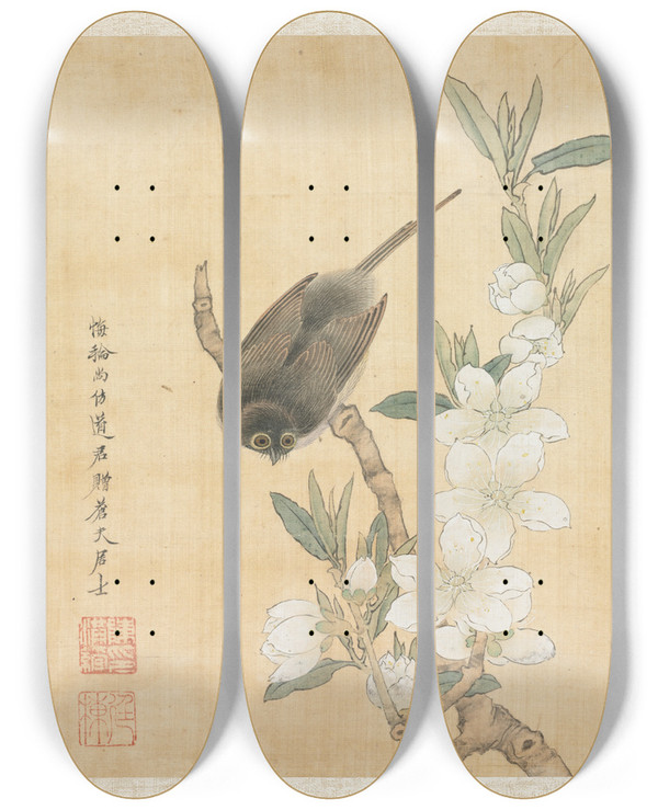 Triptych art skateboard deck of Chen Hongshou A Bird And Peachblossom Branch by Chen Hongshou (1598-1652)