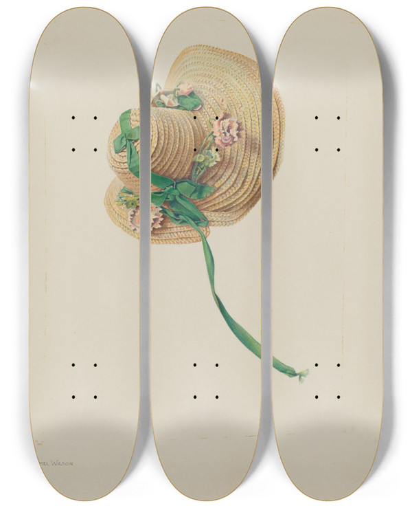 Triptych art skateboard deck of Carmel Wilson Dolls Straw Bonnet by Carmel Wilson