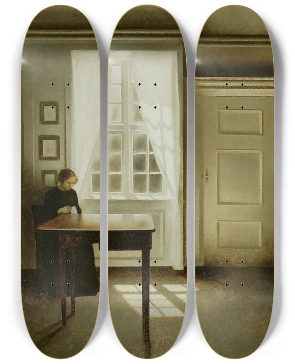 Triptych art skateboard deck of Vilhelm Hammershi Interior With A Lady by Vilhelm Hammershoi (1864-1916)
