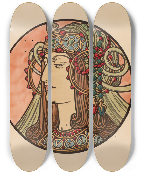 Triptych art skateboard deck of Alphonse Mucha Vitrail Pour La Faade De La Boutique Fouquet_7 by Alphonse Mucha (1860-1939)