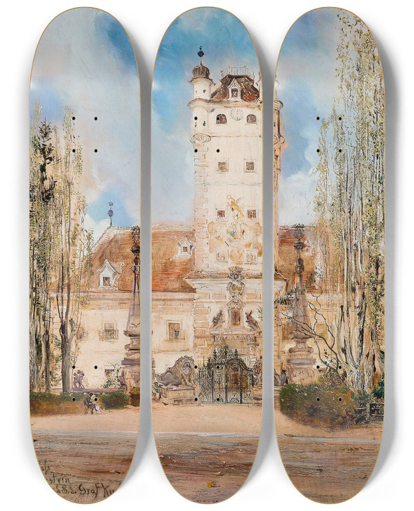 Triptych art skateboard deck of Anton Romako Greillenstein Castle by Anton Romako (1832-1889)