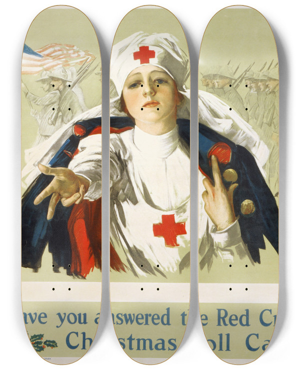 Triptych art skateboard deck of Harrison Fisher Have You Answered The Red Cross Christmas Roll Call by Harrison Fisher (1877-1934)