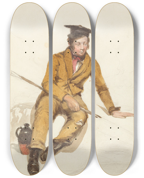 Triptych art skateboard deck of William Henry Hunt A Young Scholar Goes Fishing by William Henry Hunt (1790-1864)