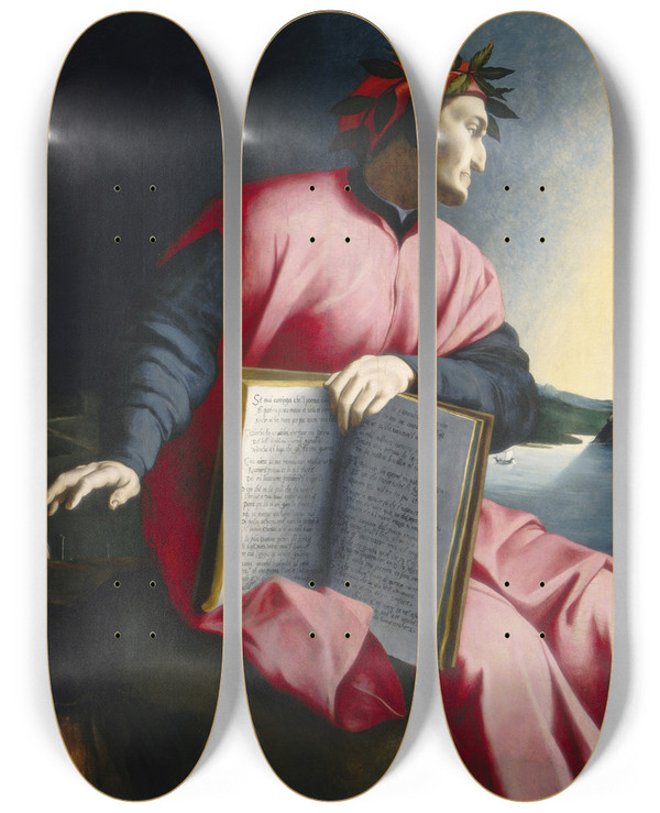 Triptych art skateboard deck of Florentine 16Th Century Allegorical Portrait Of Dante by Florentine 16Th Century