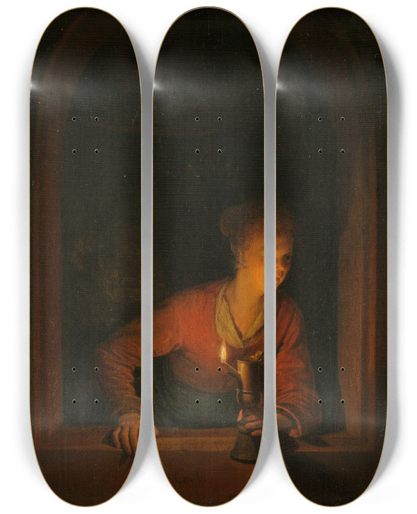 Triptych art skateboard deck of Gerrit Dou Girl With An Oil Lamp At A Window by Gerrit Dou (1613-1675)