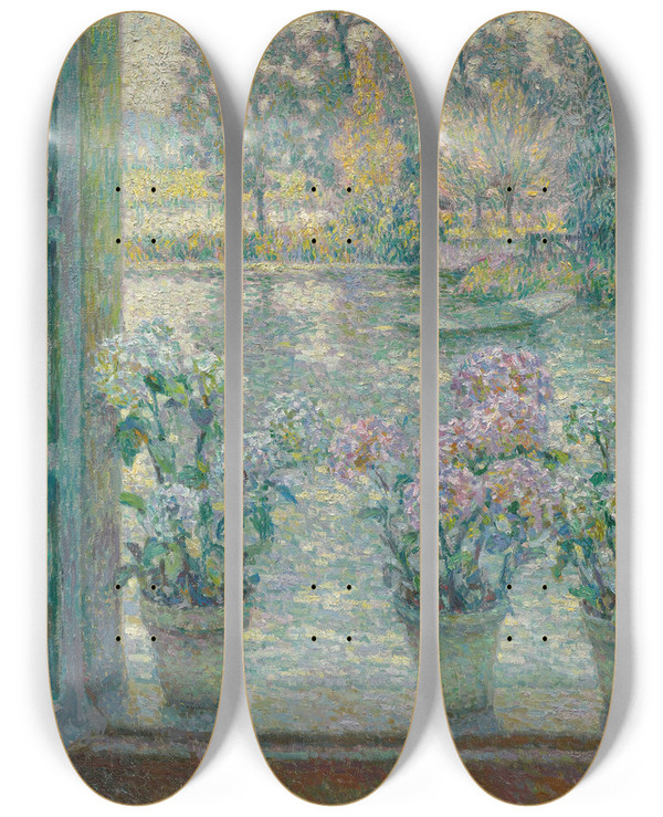 Triptych art skateboard deck of Henri Le Sidaner Les Hortensias by Henri Le Sidaner (1862-1939)