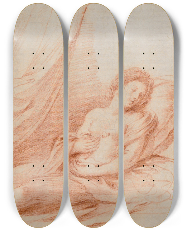 Triptych art skateboard deck of Guercino Cleopatra Bitten By The Asp by Guercino (1591-1666)