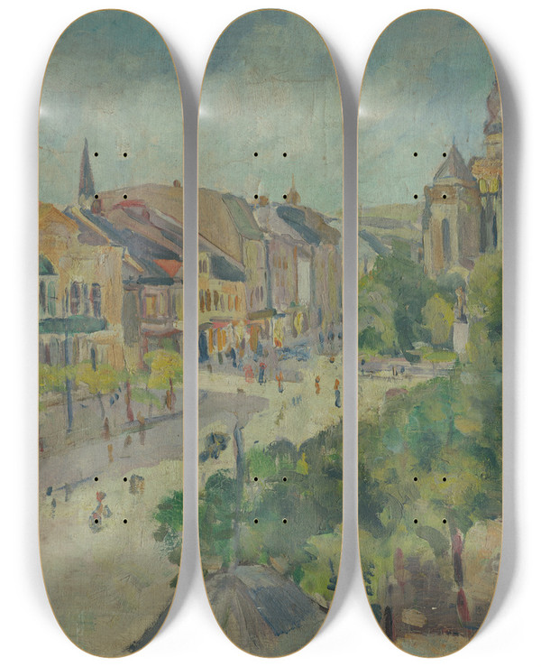 Triptych art skateboard deck of Tefan Fodor Nmestie Pred Dmom V Koiciach by Stefan Fodor (1903-1944)