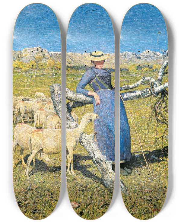 Triptych art skateboard deck of Giovanni Segantini High Noon In The Alps by Giovanni Segantini (1858-1899)