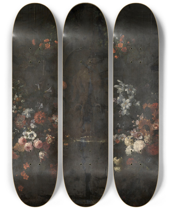 Triptych art skateboard deck of Gaspar Peeter Verbruggen The Younger Statue Of Apollo With Flowers by Gaspar Peeter Verbruggen The Younger (1664-1730)