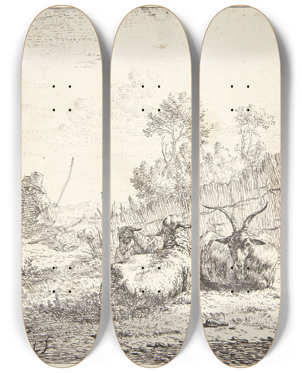 Triptych art skateboard deck of Karel Dujardin To Fr Og En Ged by Karel Dujardin (1622-1678)