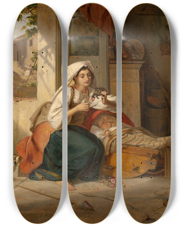 Triptych art skateboard deck of Johann Baptist Kirner Italienerin An Der Wiege by Johann Baptist Kirner (1806-1866)
