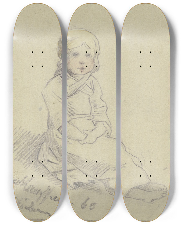 Triptych art skateboard deck of Hugo Kauffmann Kleines Mdchen Auf Der Erde Sitzend by Hugo Kauffmann (1844-1915)