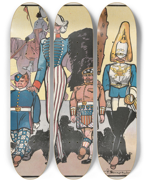 Triptych art skateboard deck of Frank Arthur Nankivell Uncle Sams Boys Anglicized by Frank Arthur Nankivell (1869-1959)