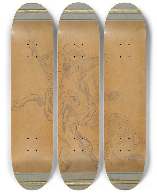 Triptych art skateboard deck of Eugne Delacroix Lion Attacking A Horse With Rider Sketch For The Tigerhunt_2 by Eugene Delacroix (1798-1863)