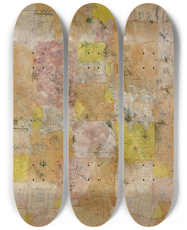 Triptych art skateboard deck of Paul Klee Suburban Idyll Gartenstadtidyll by Paul Klee (1879-1940)
