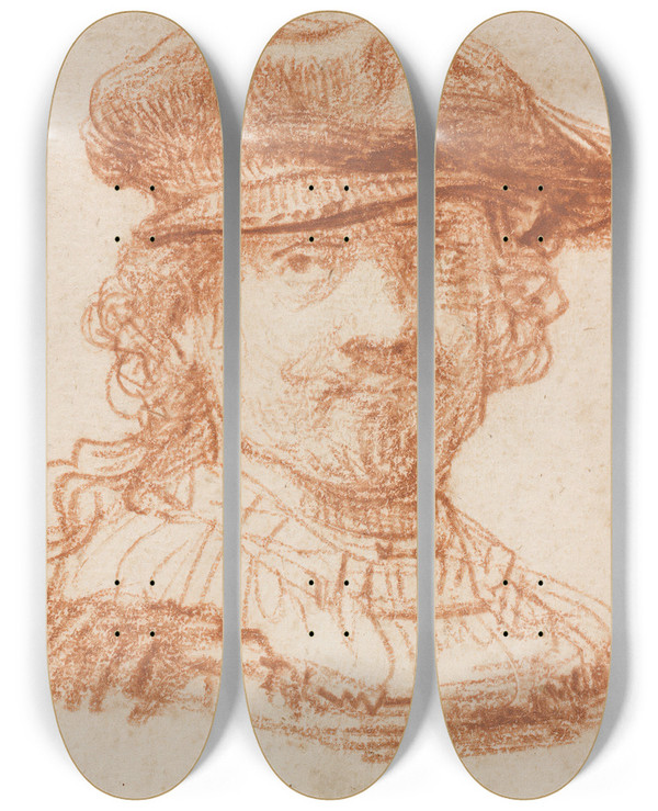 Triptych art skateboard deck of Rembrandt Van Rijn Rembrandt Selfportrait 1637 by Rembrandt Van Rijn (1606-1669)