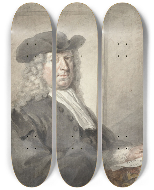 Triptych art skateboard deck of Aert Schouman Portret Van Een Man Met Een Hoed En Een Grijze Pruik Naar Rechts Aert Schouman Possibly 1720 1792 by Aert Schouman (1710-1792)