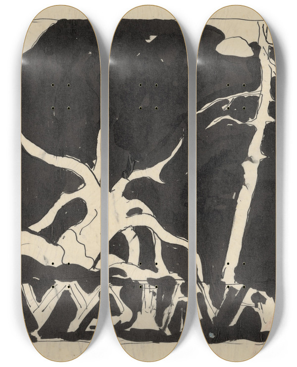 Triptych art skateboard deck of Zolo Palugyay Sketch For An Exhibition Poster by Zolo Palugyay (1898-1935)