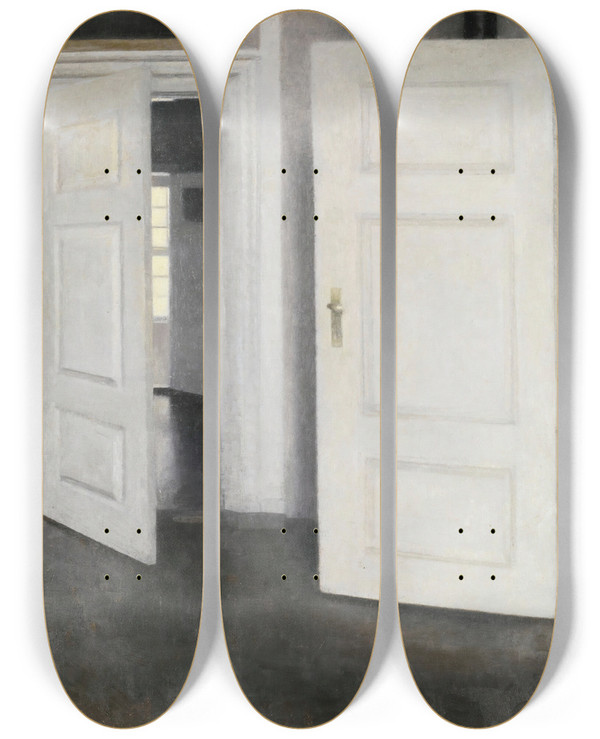 Triptych art skateboard deck of Vilhelm Hammershi White Doors Strandgade 30 by Vilhelm Hammershoi (1864-1916)