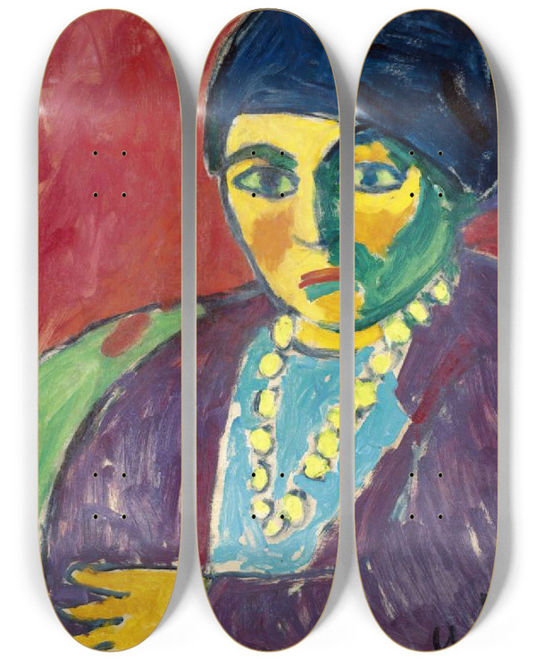 Triptych art skateboard deck of Alexej Von Jawlensky Female Head Helene by Alexej Von Jawlensky (1864-1941)