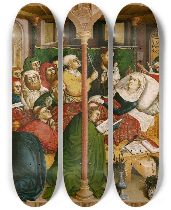 Triptych art skateboard deck of Hans Multscher The Death Of Mary The Wings Of The Wurzach Altar Right Panel by Hans Multscher (1400-1467)