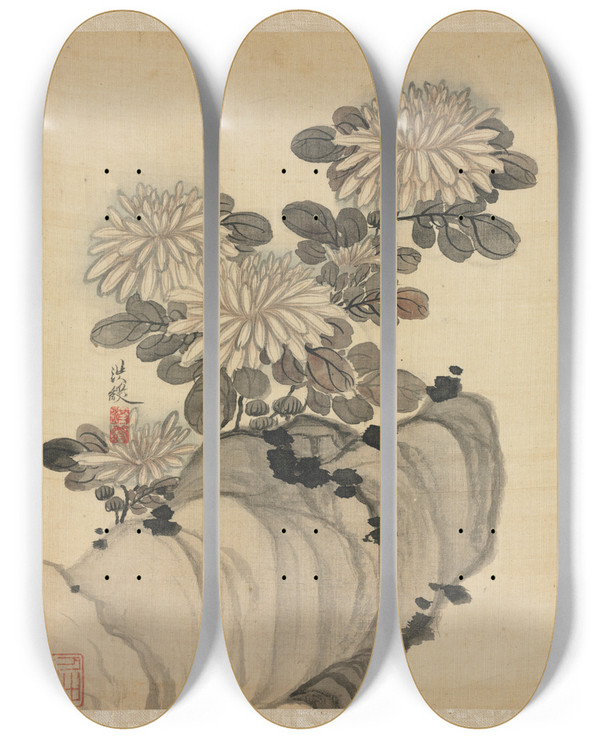 Triptych art skateboard deck of Chen Hongshou Chrysanthemum And Rock by Chen Hongshou (1598-1652)