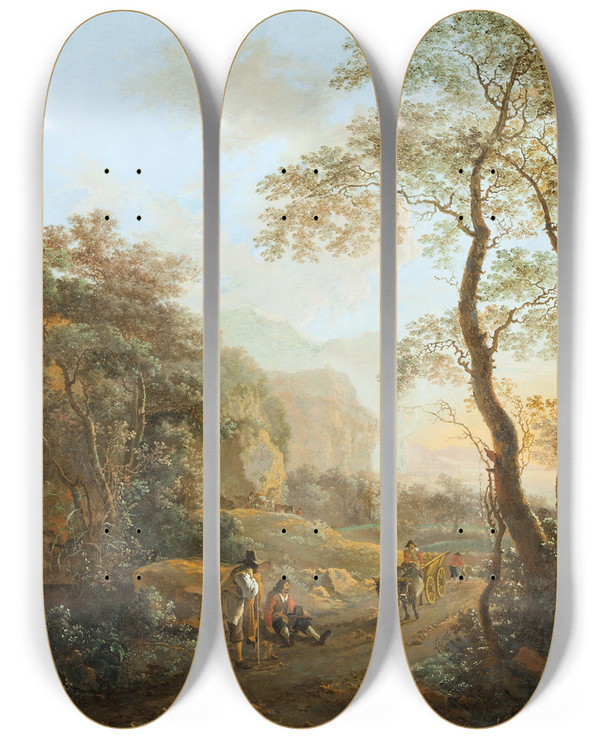 Triptych art skateboard deck of Studio Of Jan Both An Oxcart In The Landscape by Studio of Jan Both (1610-1652)