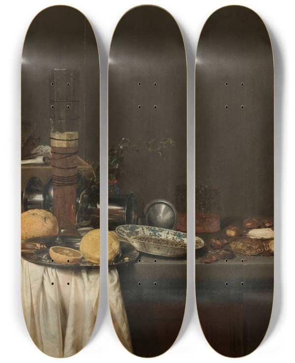 Triptych art skateboard deck of Jan Jansz Van De Velde Iii Still Life With A Tall Beer Glass by Jan Jansz. van De Velde III (1620-1662)