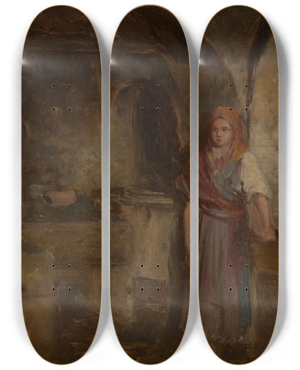 Triptych art skateboard deck of Aleksander Kotsis Girl In The Kitchen by Aleksander Kotsis (1836-1877)