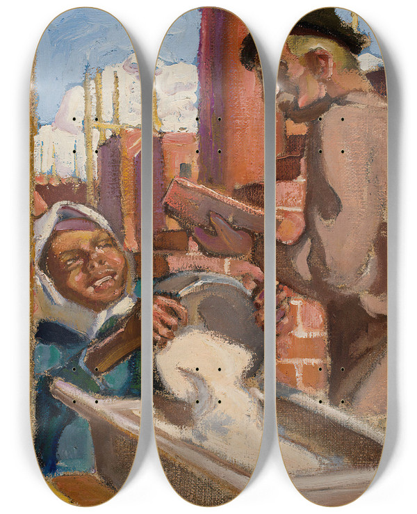 Triptych art skateboard deck of Akseli Gallenkallela At A Building Site by Akseli Gallen Kallela (1865-1931)
