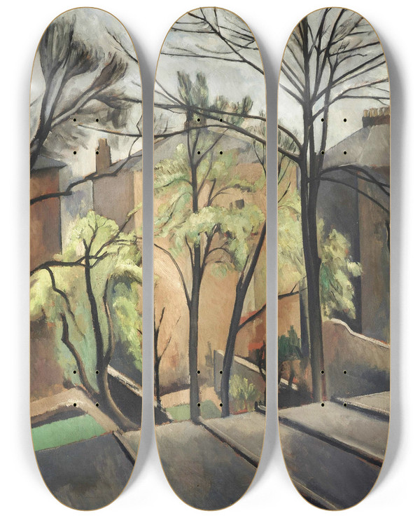 Triptych art skateboard deck of Bernard Meninsky Hampstead House Rear View by Bernard Meninsky (1891-1950)